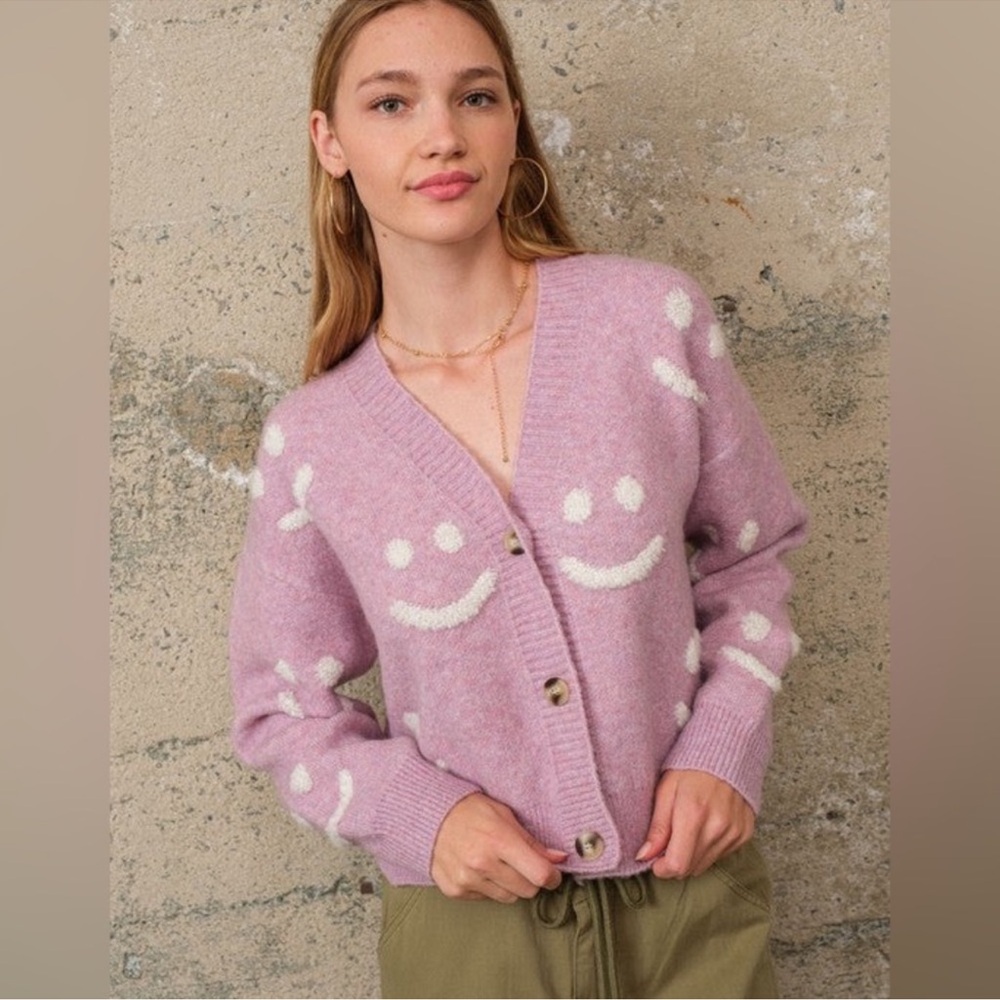 Pink Smiley Face Cardigan Sweater
